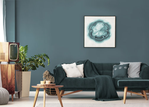 Poster above sofa with pillows in modern living room interior with wooden table and plant. Real photo