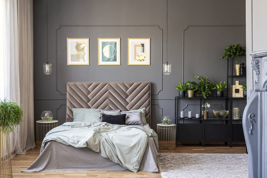 Dark bedroom interior with a comfy double bed, paintings and black shelf and wall molding