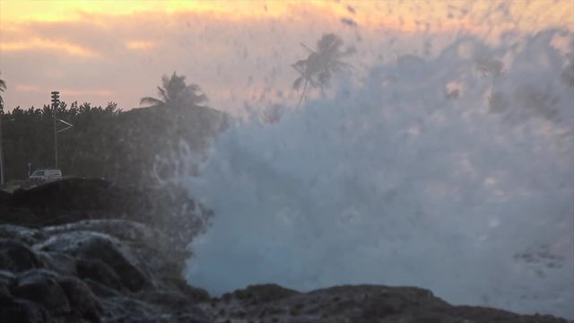 Spouting Horne, blowhole with ocean water spraying through opening in lava rock