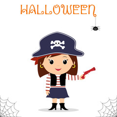 Cute child dressed in a pirate costume in a hat and with a gun celebrating at a Halloween party isolated on a white background.