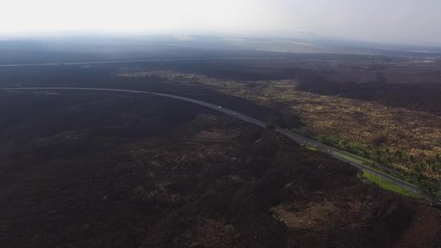 Black lava rock aerial view in Hawaii. Some greens sunny day in the tropics