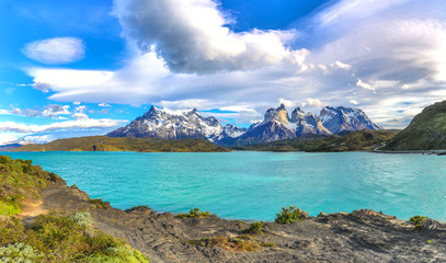 View on Cerro Paine Grande and Lago Pehoe in Patagonia