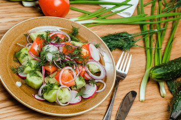 Fresh salad with tomatoes, onion and cucumbers.