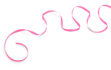 Curled pink ribbon on white background
