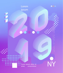 2019 neon holographic Memphis style. Banner with 2019 Numbers. Vector New Year illustration