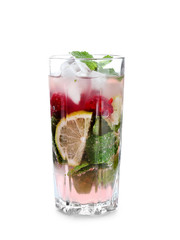 Glass of fresh raspberry mojito on white background