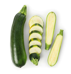 Fresh sliced zucchinis on white background