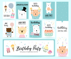 Green pastel greeting card with bear,cat,gift box,balloon,ice cream and cake