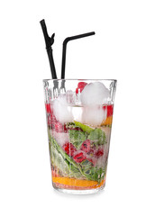 Glass of fresh raspberry lemonade on white background