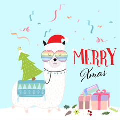 Pink hand drawn cute card with llama,glasses,snow,gift box ,flower and christmas tree in merry christmas © piixypeach