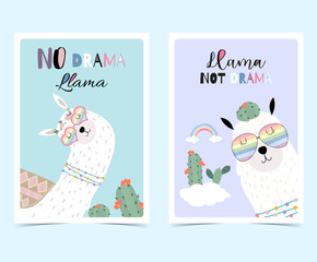 Blue violet hand drawn cute card with llama, glasses,cactus in summer.No drama llama, Llama not drama