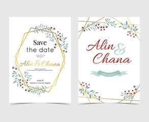 Obraz premium Geometry gold wedding invitation card with flower,leaf,ribbon,wreath and frame on white background