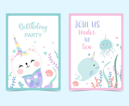 Hand drawn cute card with mermaid,caticorn,squid and coral