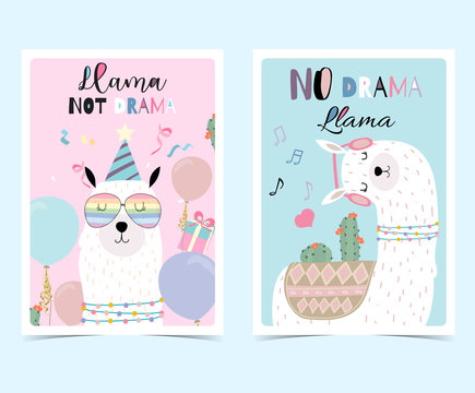 Blue pink hand drawn cute card with llama, glasses,cactus in summer.No drama llama, Llama not drama