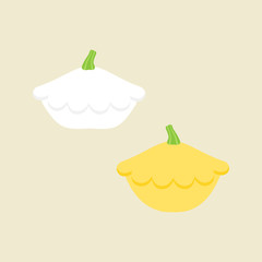 Pattypan squash vector illustrations. White and yellow patty pan vegetable graphic icon, isolated on beige background.