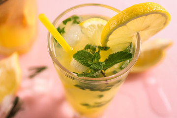 Glass of tasty cold cocktail, closeup