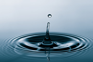 Water drop falling into water making a perfect droplet splash