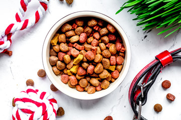 dry dog food in bowl on stone background top view