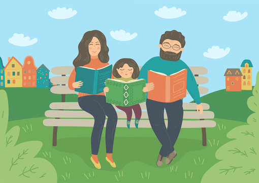 Family Reading Books On The Bench Outdoors. Mother, Father And Baby Girl Spending Time Together. Vector Illustration.