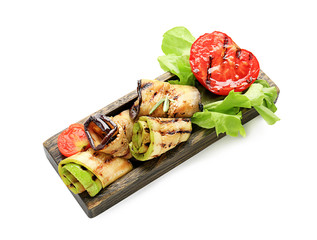 Wooden tray with tasty grilled vegetables on white background