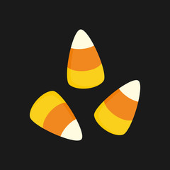 Candy corn sweet candy simple vector illustration, icon. Halloween candy isolated on dark background. - obrazy, fototapety, plakaty