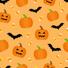 Cute Halloween vector seamless pattern with halloween objects, illustrations. Orange pumpkin, jack o'lantern, black bat and sweet candy corn icon. Light orange background. 