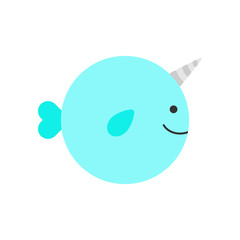 Cute simple narwhal vector icon. Blue narwhale with grey, silver horn cartoon illustration, isolated.