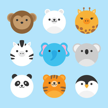 Cute vector icon set of zoo animals. Round animal illustrations; monkey, polar bear, giraffe, zebra, elephant, koala bear, panda bear, tiger and penguin. Isolated on baby blue background.