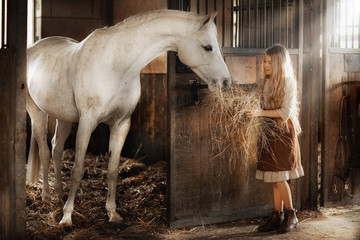 girl feeding horse in the stable