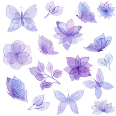 Set of Watercolor Butterflies, Flowers and Leaves