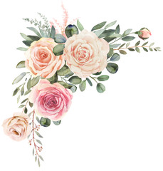 Watercolor floral bouquet composition with roses and eucalyptus