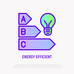 Energy efficiency thin line icon: light bulb and classification of electric consumption. Modern vector illustration.
