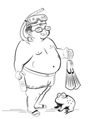 man with fins and toad