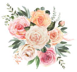 Watercolor floral bouquet composition with roses and eucalyptus
