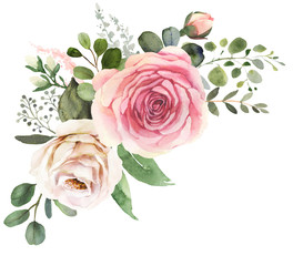 Watercolor floral bouquet composition with roses and eucalyptus