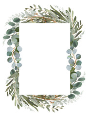 Watercolor floral frame composition with roses and eucalyptus