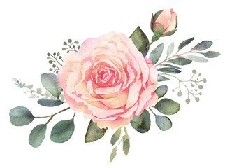 Watercolor floral composition with roses and eucalyptus