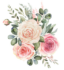 Watercolor floral bouquet composition with roses and eucalyptus