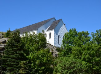 partial view of the historic 1876 neo-Gothic Style St George's church in Brigus, Avanlon Peninsula NL Canada
