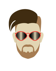 Hipster male head  modern hairstyle moustache beard red sunglasses. Flat style vector icon or template glasses advertisement.Transparent background.