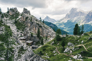 Fototapeta na wymiar Dolomiti world war remnants. Historical sight of world war mountain hide outs in Dolomity, Italy, Cinque Torri.