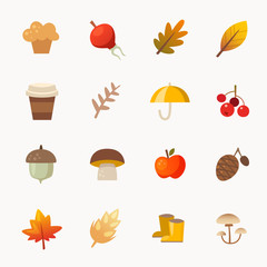Set of vector icons representing autumn season. Warm colors, rainy day, cosy images.