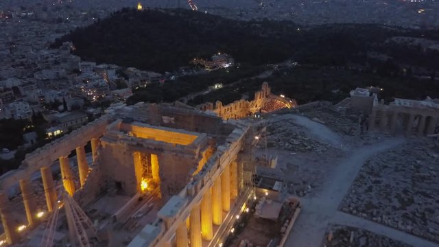 Herodes Atticus odeion stone theatre, Athens Acropolis Parthenon. evening light