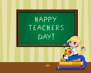 Teachers day card with cute school girl sitting on books pile with bouquet of autumn leaves in classroom.