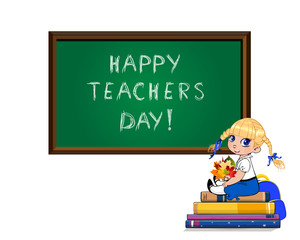 Teachers day card with cute school girl sitting on books pile with bouquet of autumn leaves on white background