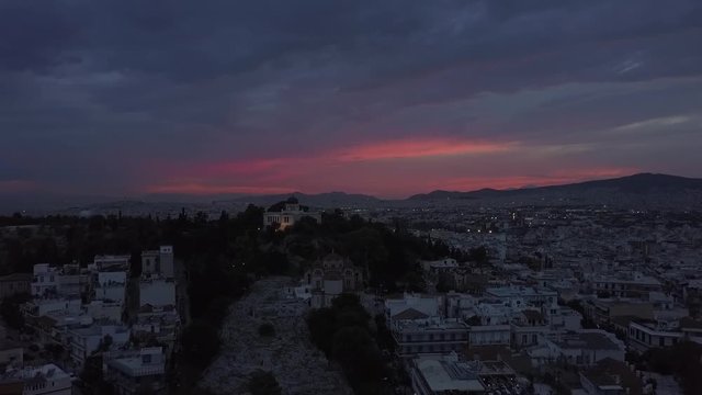 Sunset sky Athens and temples. Acropolis Parthenon in evening. Aerial drone view