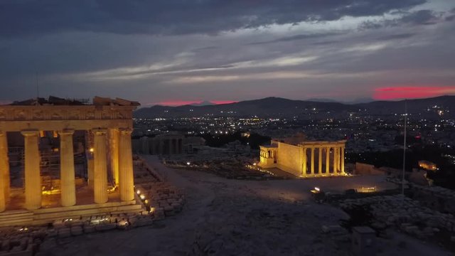 Athens Acropolis Parthenon in evening at sunset. beautifully lit up. drone view