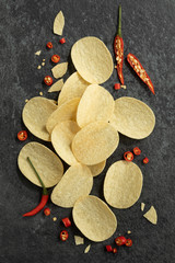potato chip spicy flavour flat lay top view junk food cause of fat