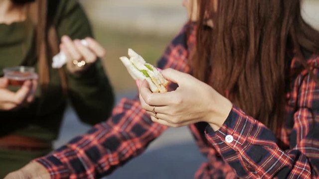 Urban picnic in the Park. Two girls hipster talk and eat sandwiches. The holiday sandwich.