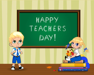 Happy teachers day greeting card with cute cartoon school kids in classroom